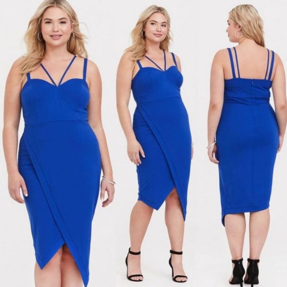 Torrid, Blue, Premium Ponte Asymmetrical Strappy Bodycon Dress, Size 24W